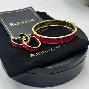 RJ Graziano RJG Gold Tone Bright Pink Enamel Hoop Earrings and Hinged Bangle New